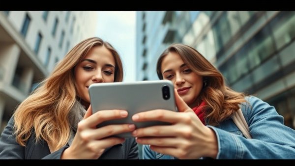 Women using Insta360 Snap Zweitmonitor on smartphone in urban setting.