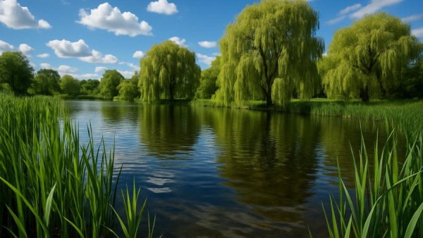 Pond surrounded by reeds showcasing the importance of photosynthesis.
