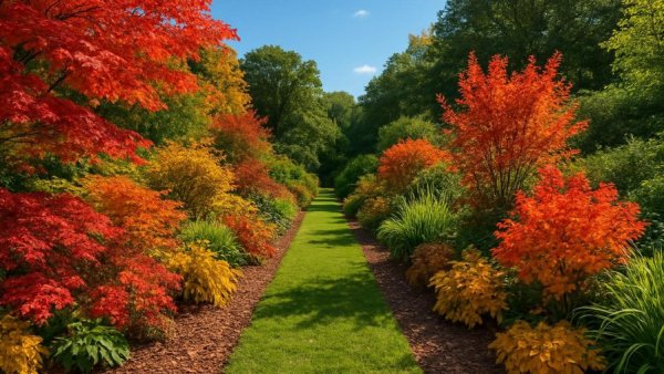 Vibrant autumn garden with wooden path, Holz im Garten theme