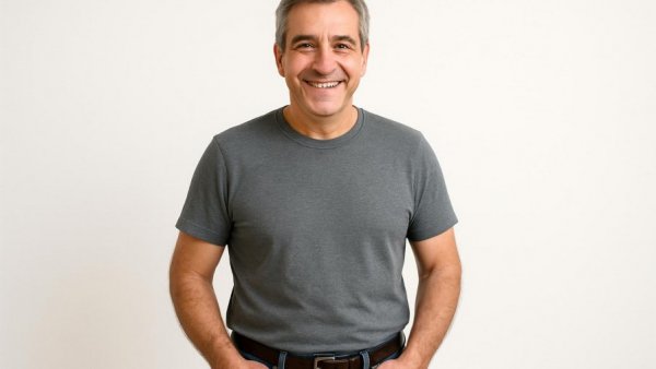 Middle-aged man smiling against white background, sustainable growth theme.