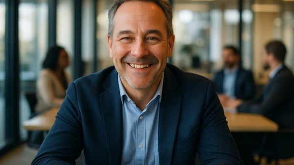 Happy man at a meeting, symbolic of DSGVO data breach discussions.