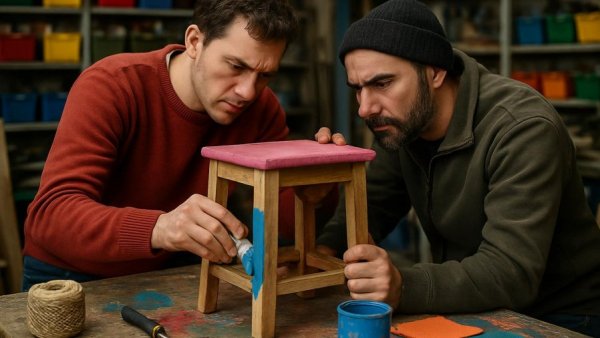 Upcycling in Hamburg: Two men collaborate in a workshop, creating furniture from waste.