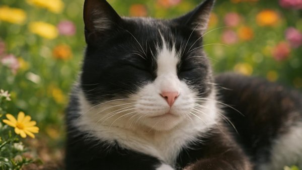 Vergiftete Katzen vermeiden; black and white cat resting in garden.