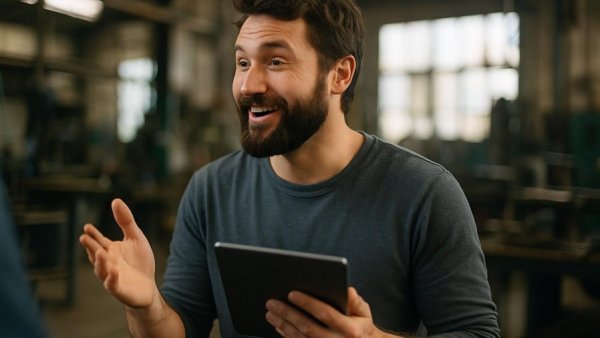 Bearded man discussing in a workshop, related to Peugeot Getriebeprobleme.