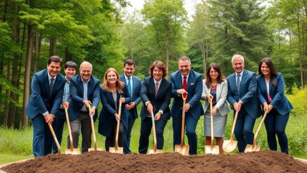Formally dressed individuals at a groundbreaking ceremony.