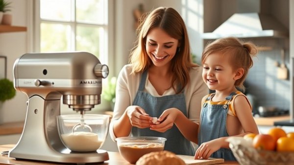Mother and child baking with Aldi Ambiano Küchenmaschine in bright kitchen.
