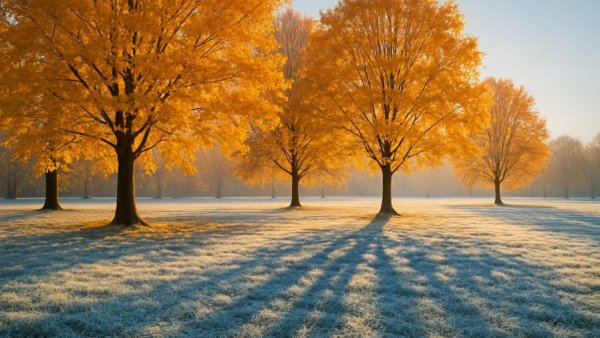 Frosty grass with autumn trees in sunny park, Bäume und Klimawandel.