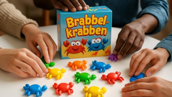 Engaging group playing Brabbelkrabben Spiel with colorful toys.