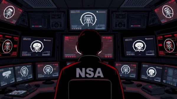 NSA agent monitors surveillance screens in a dark control room.