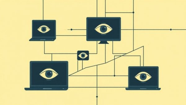 Abstract illustration of devices with surveillance eyes for Verschlüsselung vor Quantenangriffen.