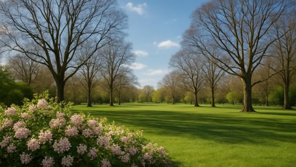 Grüne Parklandschaft mit Büschen und Bäumen, Bedeutung von Grünflächen.