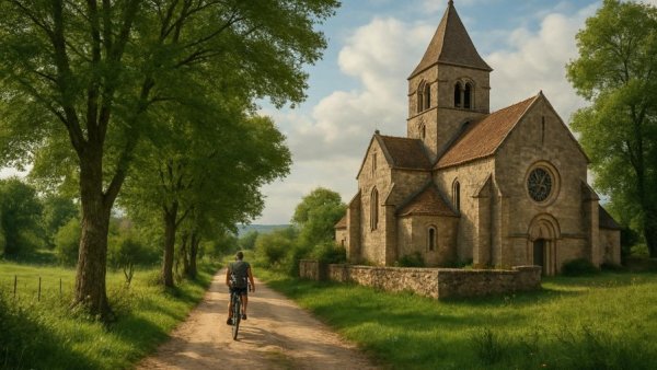 Scenic Fahrradtouren in Ilsenburg with ancient stone church backdrop.