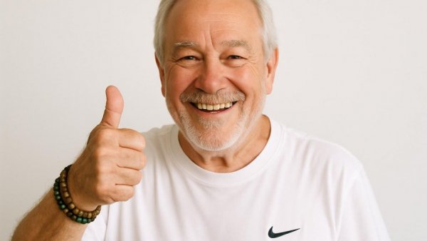 Smiling older man giving thumbs up in Smart Games shirt, Smart Toys Teamverstärkung