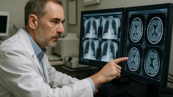 Radiologist utilizing Künstliche Intelligenz in der Radiologie, pointing at screens.