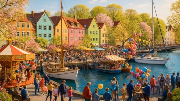 Aerial view of Hafenfrühling Niendorf with boats and festivities.