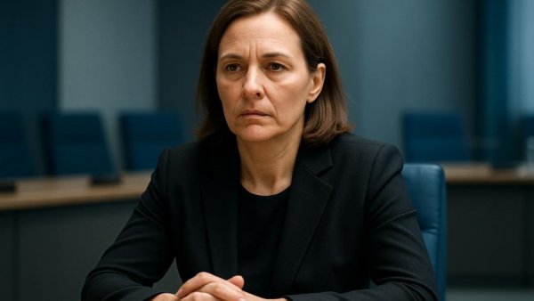 Entlassung der Wirtschaftsministerin: focused woman seated indoors in blue chair.