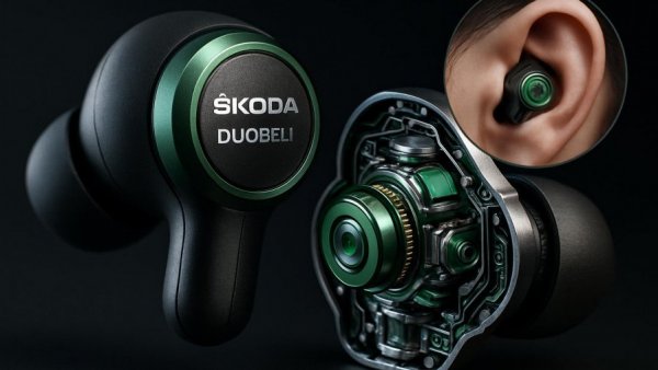 Innovative Škoda DuoBell earbud with internal mechanism displayed.