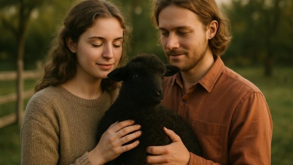 Two people with verwaistes Lamm Karl in rural area