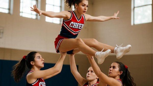 Bargteheide cheerleaders demonstrating a lift in a gym during Europameisterschaft practice.
