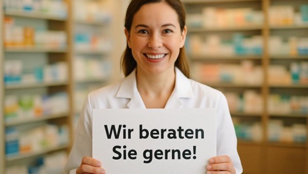 Smiling pharmacist holding a sign in a pharmacy, Zukunft des Einkaufens.