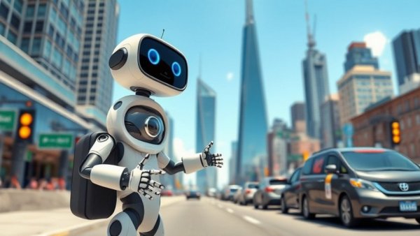 Google Maps Gemini KI Reiseplanung cartoon with robot and travelers in cityscape.