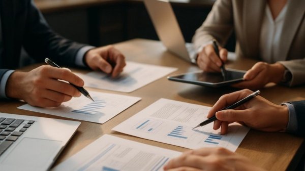 Business meeting with hands and documents, Google KI und britische Wettbewerbsbehörde discussion.