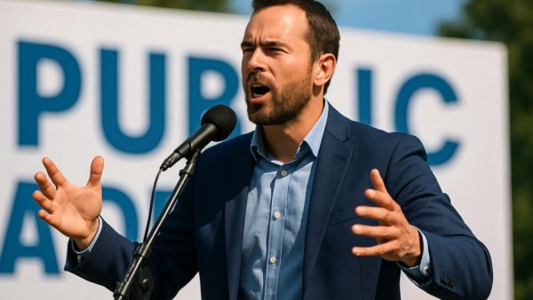 Public speaker gesturing passionately outdoors, Ghetto-Vergleiche und ihre Bedeutung.
