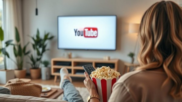 Woman watching YouTube Livestream werbefrei on TV