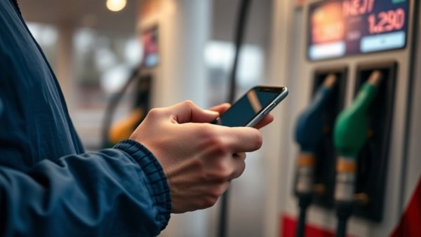 Person using smartphone at fuel pump related to Spritpreisbremse