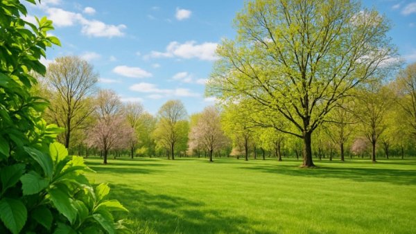 Vibrant spring park with budding trees and green foliage.
