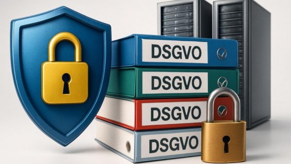 Datenschutzbericht 2025 visual: security shield with DSGVO files.