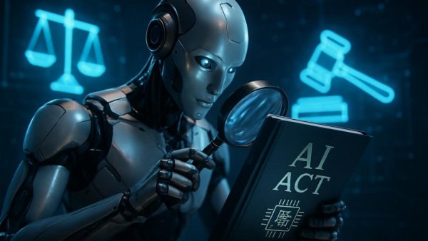 Futuristic robot examining AI Act document, symbolizing AI Act Umsetzung.