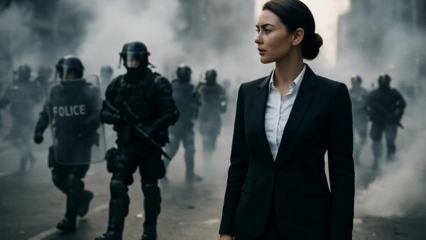 Hass und Gewalt gegen die Polizei: Woman observes police action in smoke.