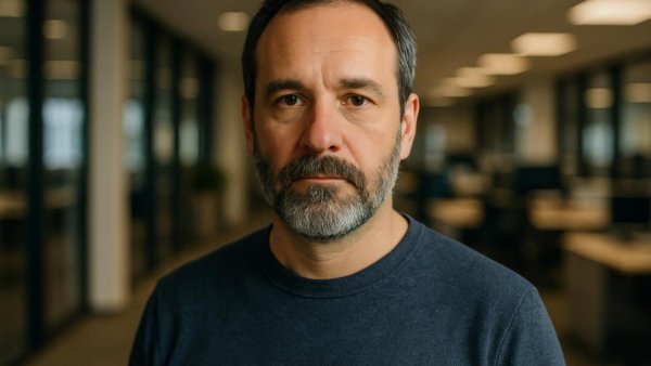 Middle-aged man standing in a modern office, soft lighting.