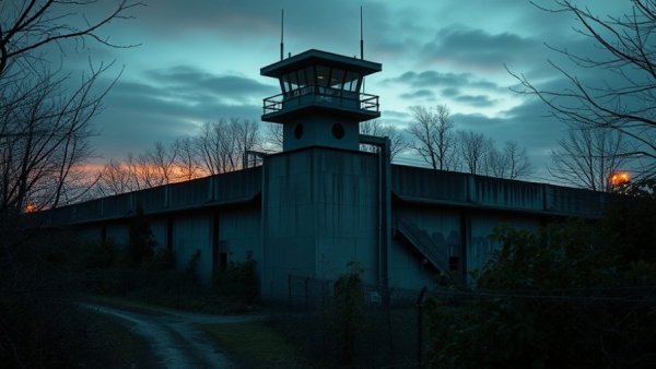 Concrete prison wall and watchtower during evening twilight.