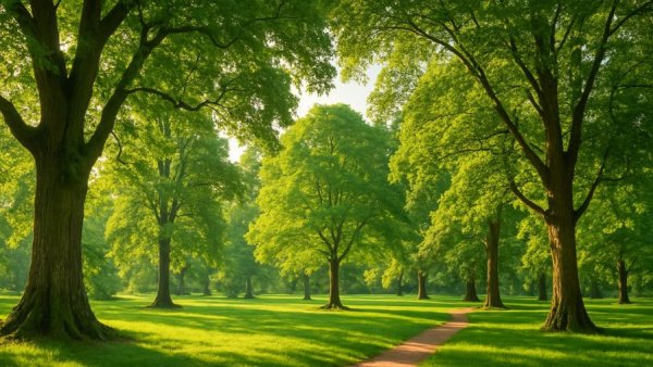 Klimabäume in lush, sunlit garden scene with diverse trees.