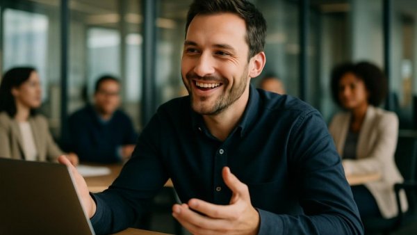 Professional man smiling in meeting, Tätigkeitsbericht Datenschutz 2025, office setting.
