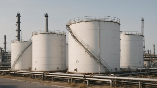 Industrial oil storage tanks in calm setting with clear sky