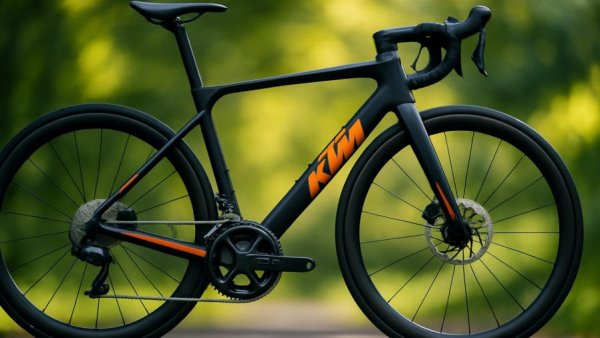 Sleek KTM bicycle with a modern design amidst an abstract background.