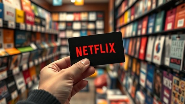 Hand holding Netflix card in store, emphasizing subscription concept.