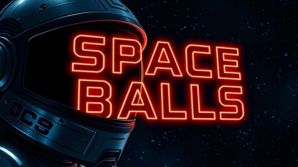 Space Balls Movie futuristic helmet and text in space.