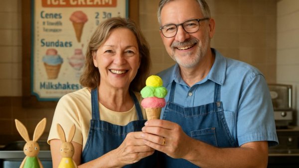 Friendly ice cream shop owners in a cheerful shop holding an ice cream cone.