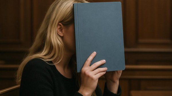 Mordprozess Lübeck Brandstifterin freigesprochen: Woman in courtroom conceals face with folder.