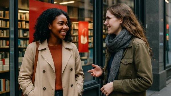 Frauen im Widerstand Wismar: Women outside a bookstore