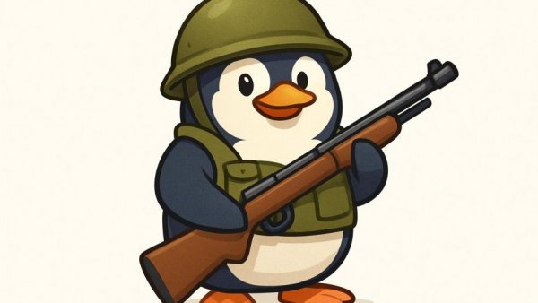 Cartoon penguin soldier holding a rifle, symbolizing defense.