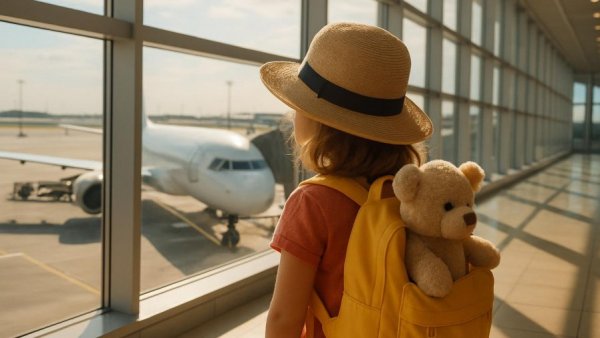 Reisevollmacht für Kinder: Young girl with backpack looking at airplane at airport.