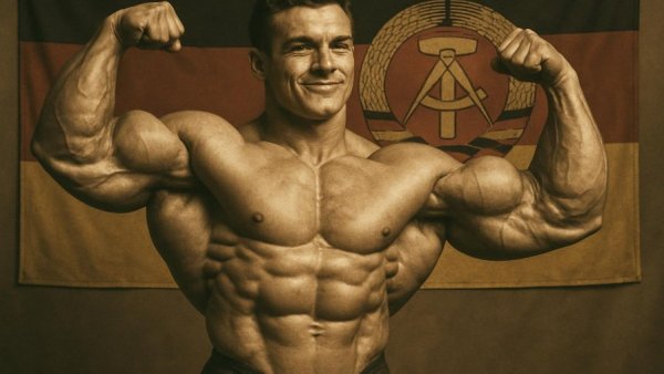 Bodybuilder in der DDR with East Germany flag background.