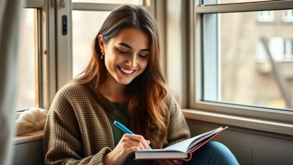 Woman enjoying Sunday reset trend by journaling by window.