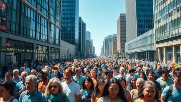 Weizenbaum Report 2026: Crowd marching in city with skyscrapers and signs.