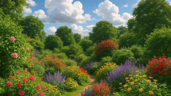 Lush garden landscape showcasing a variety of plants and flowers.